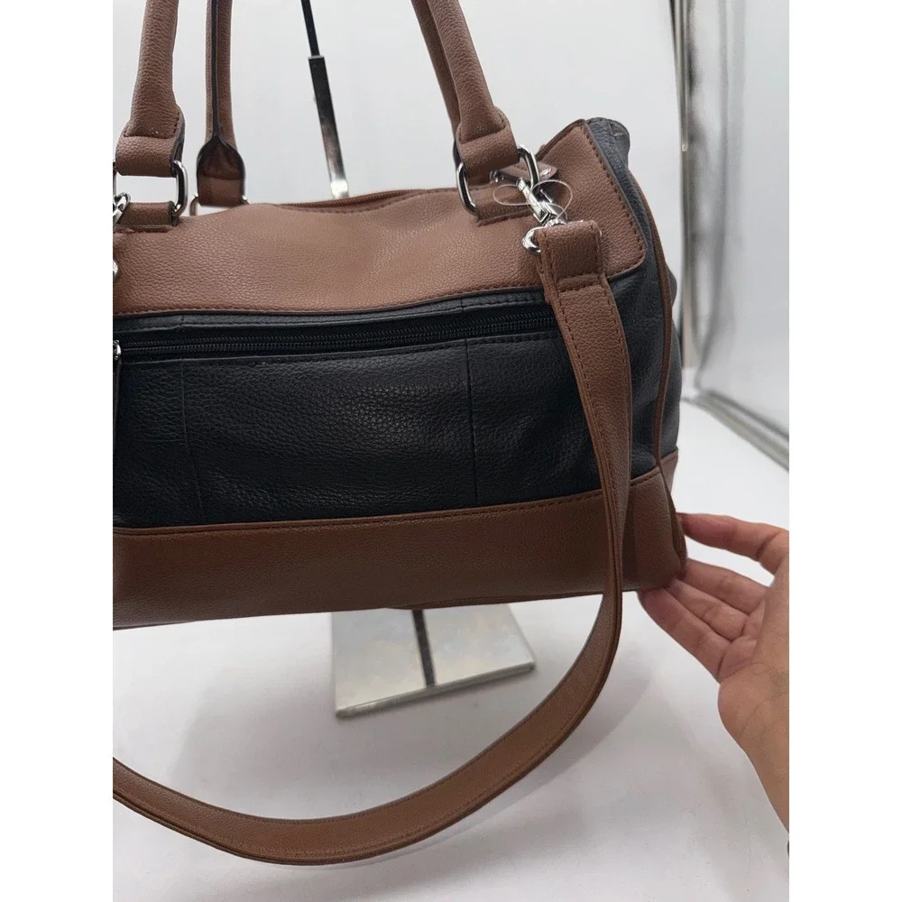 Tignanello Leather Satchel Handbag Brown Black Two Tone Pebbled Zip Top Bag